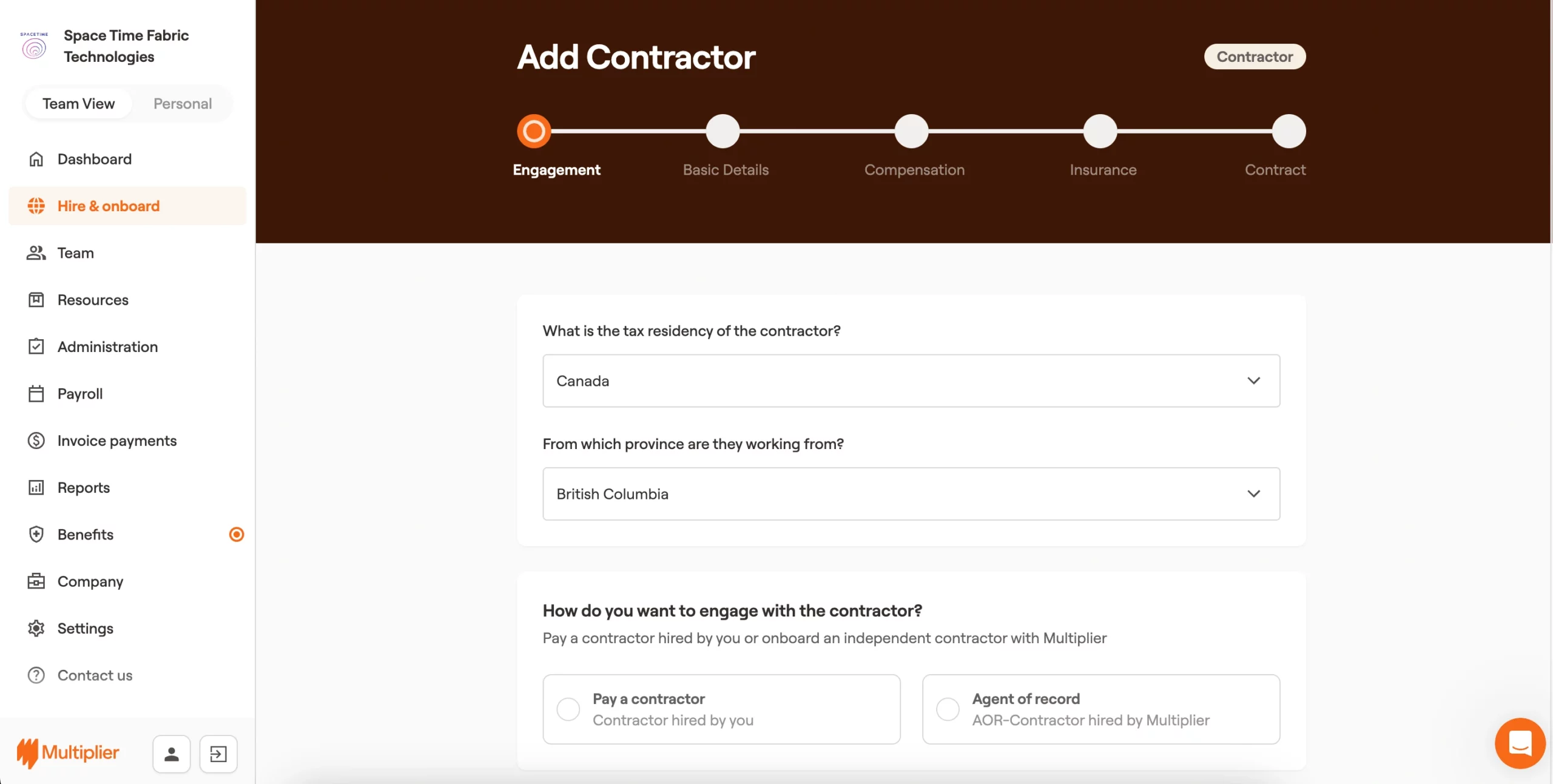 Contractor engagement for onboarding a contractor in Canada.  